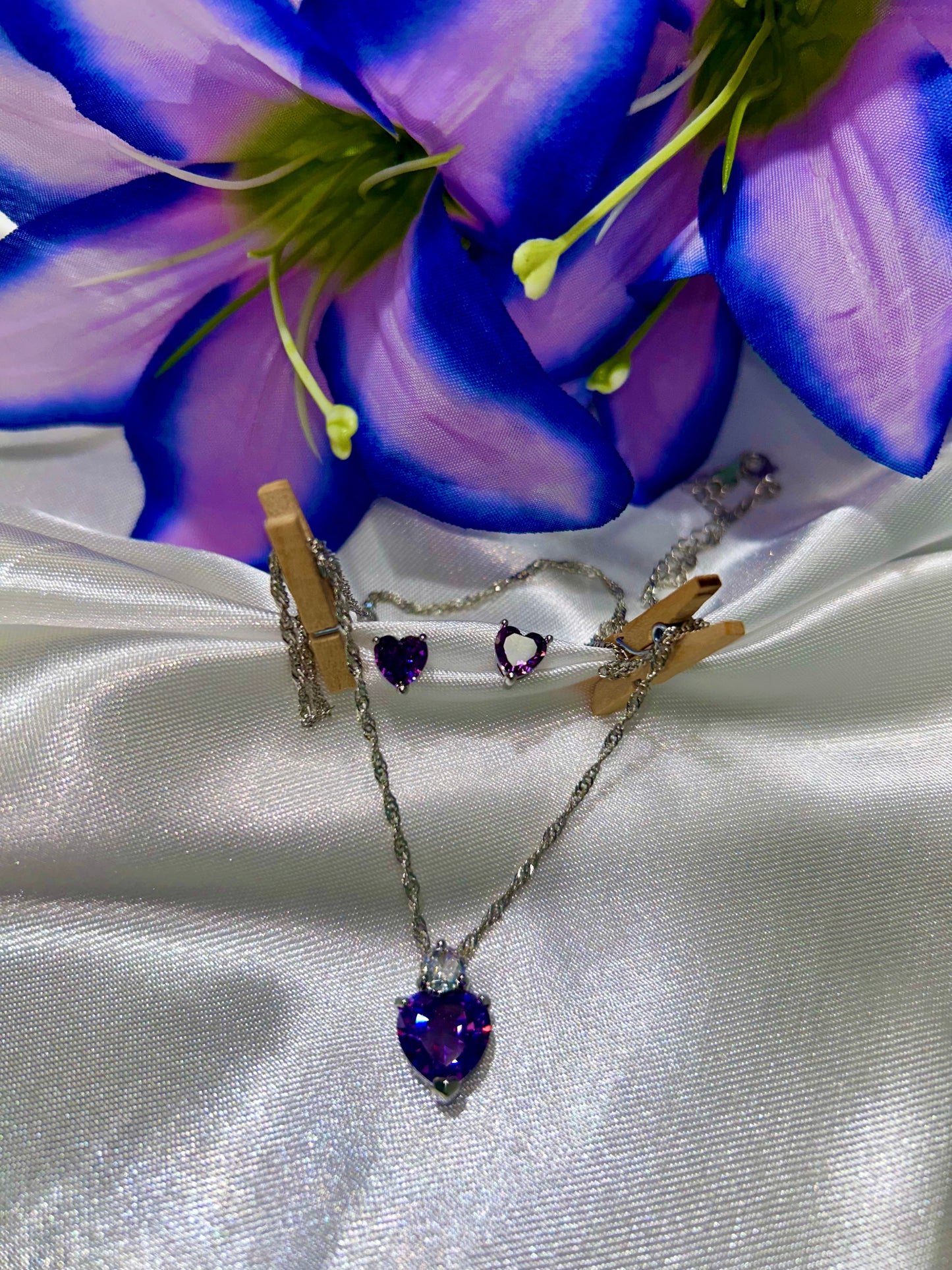 '' Purple Rain '' Heart Necklace & Earring Set